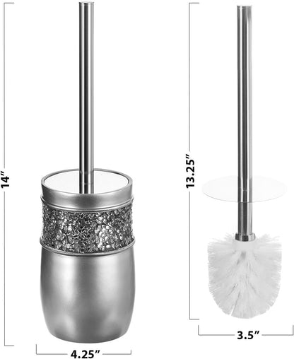 Creative Scents Crackled Glass Toilet Brush with Holder - Silver Toilet Bowl Cleaner Brush and Holder - Good Grip, Deep Cleaning, Decorative Design Compact Toilet Bowl Scrubber