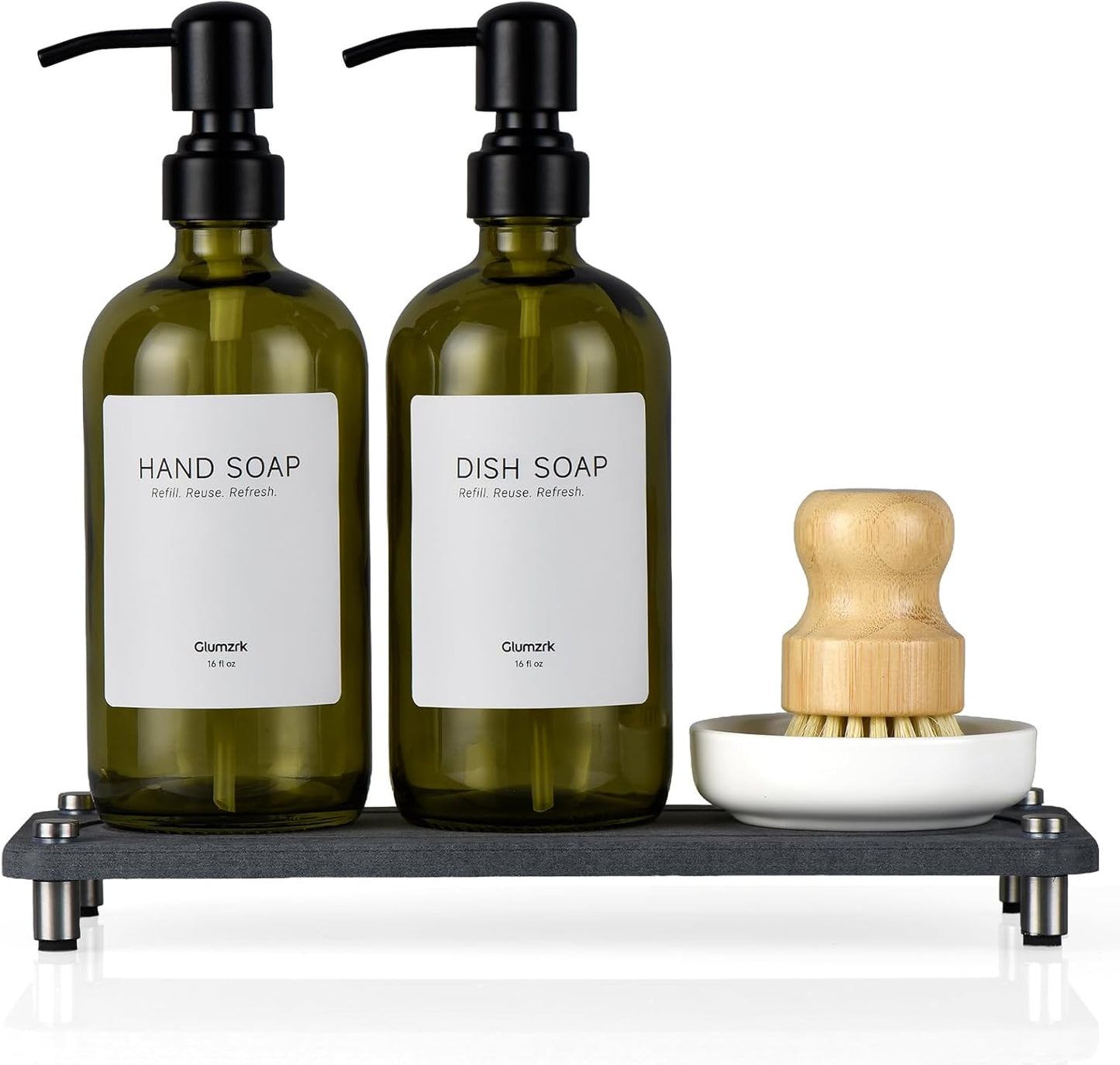 2 Pack Kitchen Soap Dispenser Set - 16oz Amber Glass Dish and Hand Soap Dispenser with Stainless Steel Pump, Instant Dry Tray, Dish Brush & Holder, Refillable Countertop Sink Decor for Kitchen & Bath