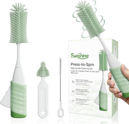Baby Bottle Brush Set, Innovative Efficient Press-to-Spin Brush Cleaner - Includes Silicone Bottle Brush, Nipple Brush, Straw Cleaner - Spinning Generates Rich Foam for Deep Cleaning, Blue