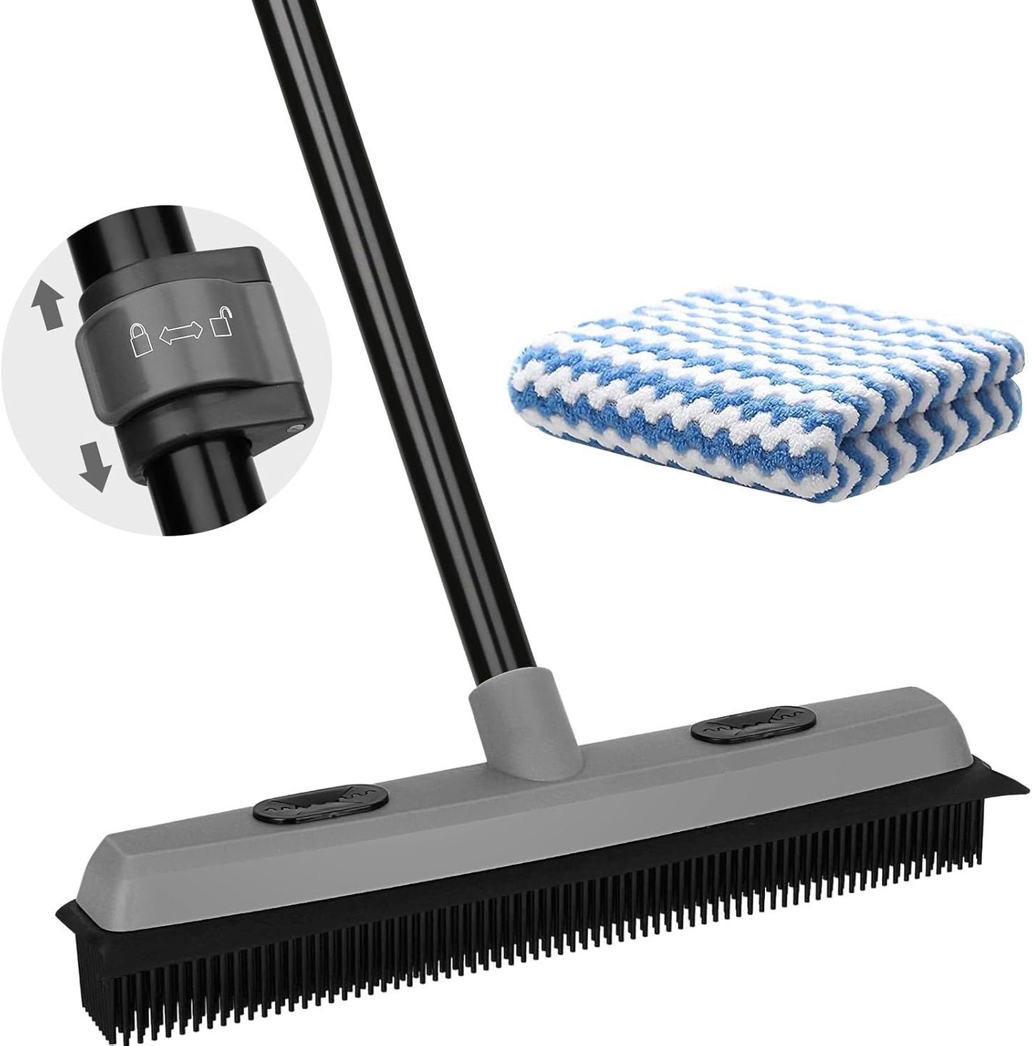 Rubber Broom Carpet Rake for Pet Hair Removal, Fur Remover Broom with 59" Telescoping Long Handle, Pet Hair Broom with Squeegee for Carpet, Hardwood Floor, Tile