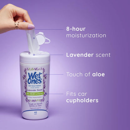Wet Ones Antibacterial Hand Wipes, Lavender Wipes | Antibacterial Wipes, Moisturizing Wipes | 40 ct. Canister