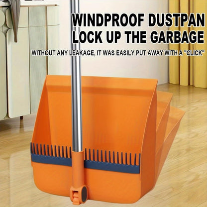 2-in-1 Broom with Dustpan Combo Set,Long Handle Broom Dustpan Combo with Dustpan Teeth to Automatically Clean Hair for Home, Indoor or Outdoor Cleaning Hall Floor (Gray)
