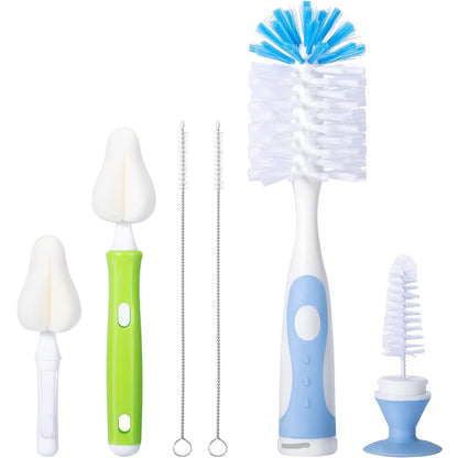 CAREBABYMORE Baby Bottle Brush with One Base Hidden Nylon Nipple Cleaner, 2 Pcs Sponge Nipple Brushes, 2 Pcs Straw Brushes, Bottle Brush with Nipple Cleaner and Suction Cup (Green)