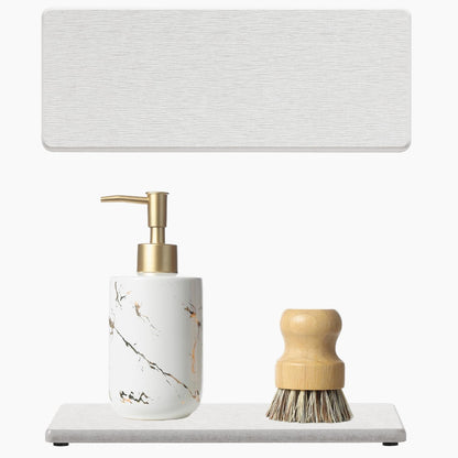 2PCS Water Absorbing Stone Drying Tray for Kitchen Counter & Bathroom Sink, Diatomite Faucet Splash Guard, Soap Dispenser Rack & Sponge Holder Caddy Organizer, Marble White (Printed Pattern), 9"x 3.5"