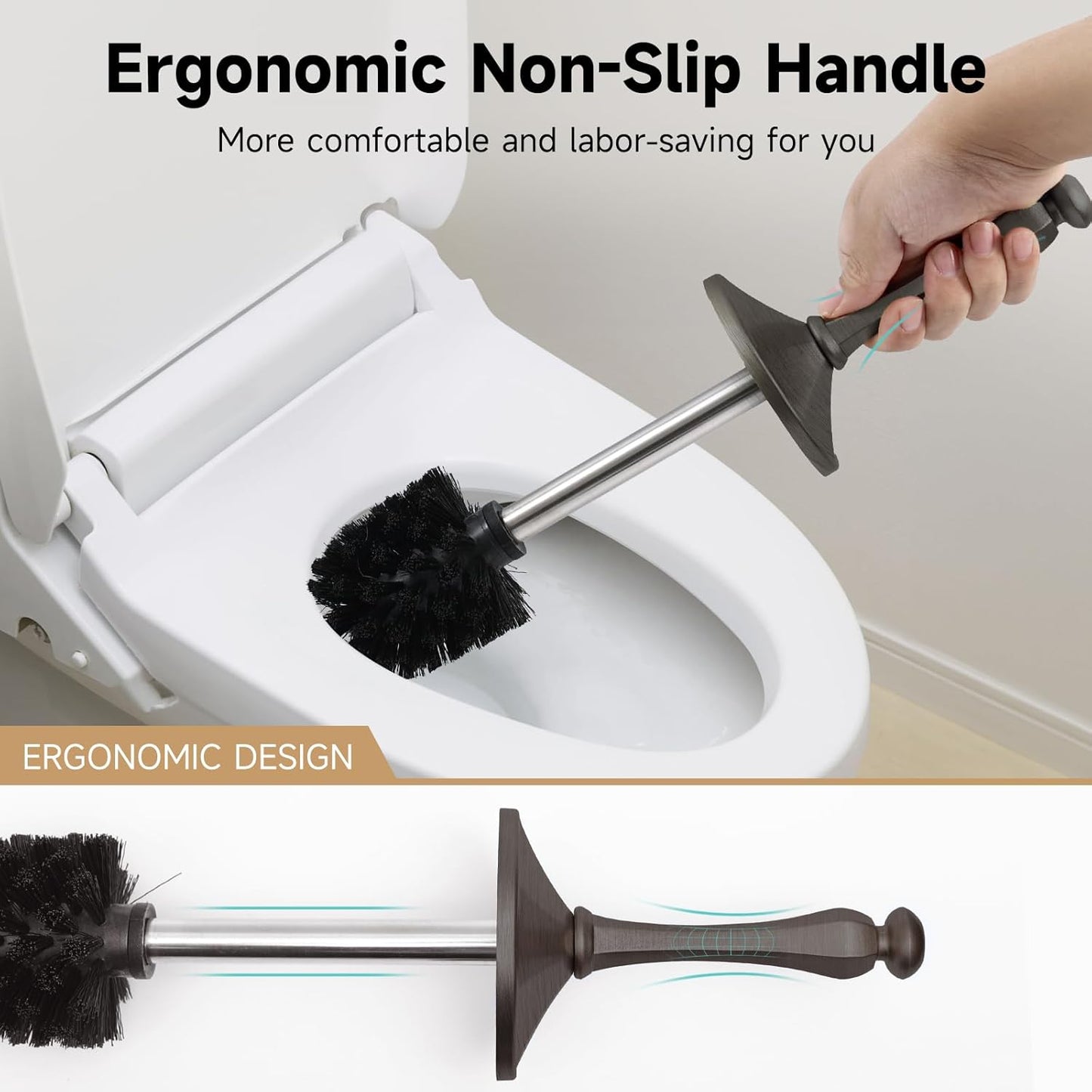 Bronze Toilet Brush and Holder，Extra Long Handled Toilet Brush for Bathroom，Stainless Steel Heavy Duty Toilet Bowl Brush,Deep Cleaning Modern Toilet Cleaner Brush -Space Saving, Covered Brush, Durable