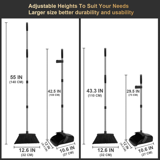 Broom and Dustpan Set, Upright Purple Broom with Dustpan Combo Set 51" Long Handle, Self Cleaning Dust Pan for Home, Kitchen and Office