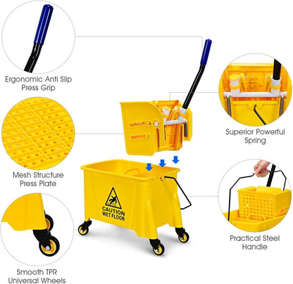 Mop Bucket, Commercial Bucket for Mopping on Wheels with Potable Handle, Mop Bucket with Wringer for Home, Household, Office, Bathroom, Yellow (25 Quarts)