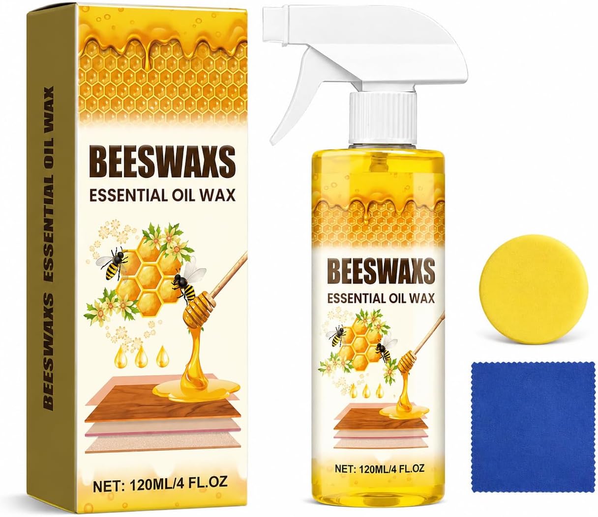 Beeswax Wood Polish Spray, 120ml Furniture Polish and Wood Cleaner Spray with Sponge and Towel, Beeswax Furniture Polish for Cabinets, Tables, Chairs, Doors and Finished Wood Surfaces (1set)