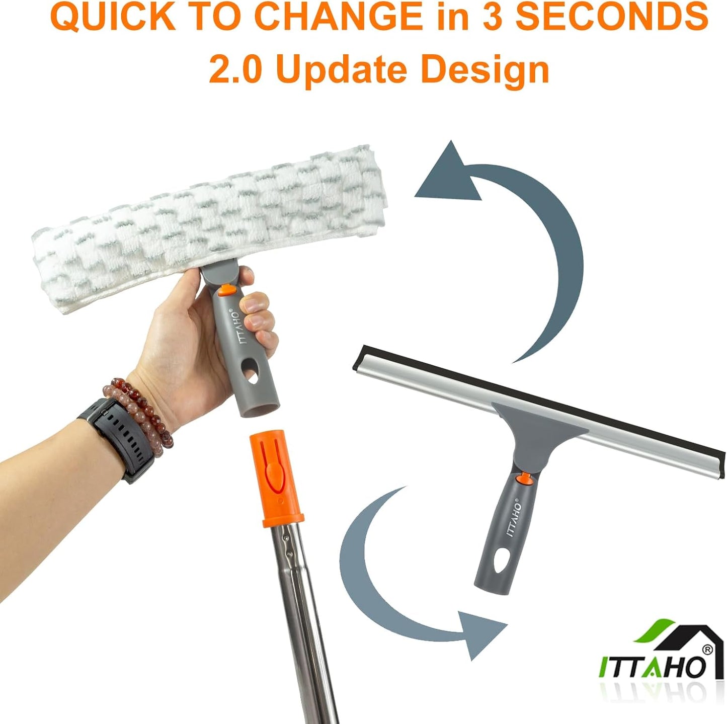 Window Washing Kit with Extension Pole, 10" Squeegee & 11" Microfiber Scrubber Combi with Stainless Steel Pole, Window Cleaner for Car, Sliding Door,Shower Glass Door-Swivel Style-2 Pads