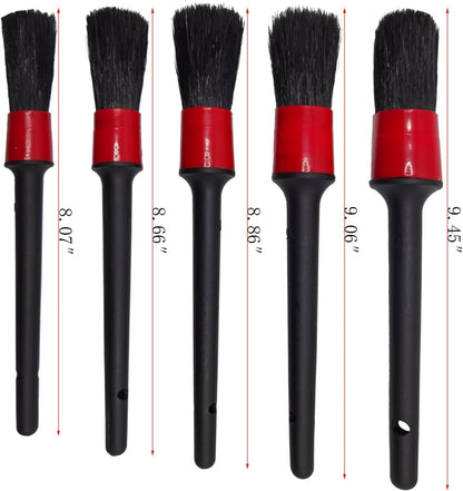 Car Detailing Brush Set of 5 - Soft Boar Hair, Car Cleaning Brush, Wheel Cleaner Brush, Car Dust Brush, Car Interior Leather Seat and Vent Brush, Parts Cleaner Brush