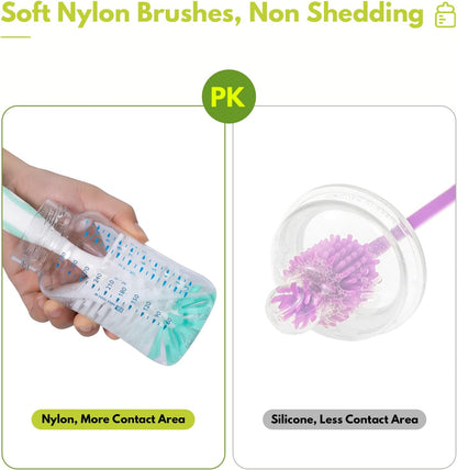 CAREBABYMORE Baby Bottle Brush Set with Nipple Cleaner and Suction, 10.2" Cleaning Brush and 6.5" Sponge Bottle Brush with A Replacement Brush Head and Two 6.7" Straw Brushes, Pack of 5 (Green)