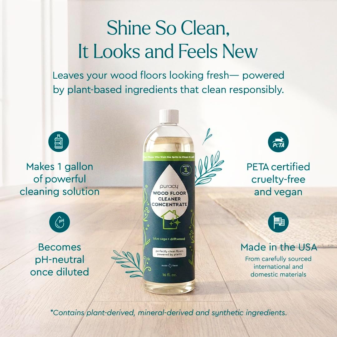 Puracy Wood Floor Cleaner Concentrate - pH Neutral Plant-Powered Hardwood All Purpose Cleaner - Residue-Free Non-Sticky Cleaning Solution As Seen on TikTok (Blue Sage & Driftwood, 16 fl oz)