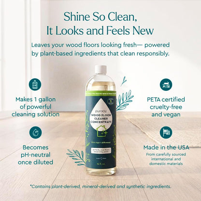Puracy Wood Floor Cleaner Concentrate - pH Neutral Plant-Powered Hardwood All Purpose Cleaner - Residue-Free Non-Sticky Cleaning Solution As Seen on TikTok (Blue Sage & Driftwood, 16 fl oz)