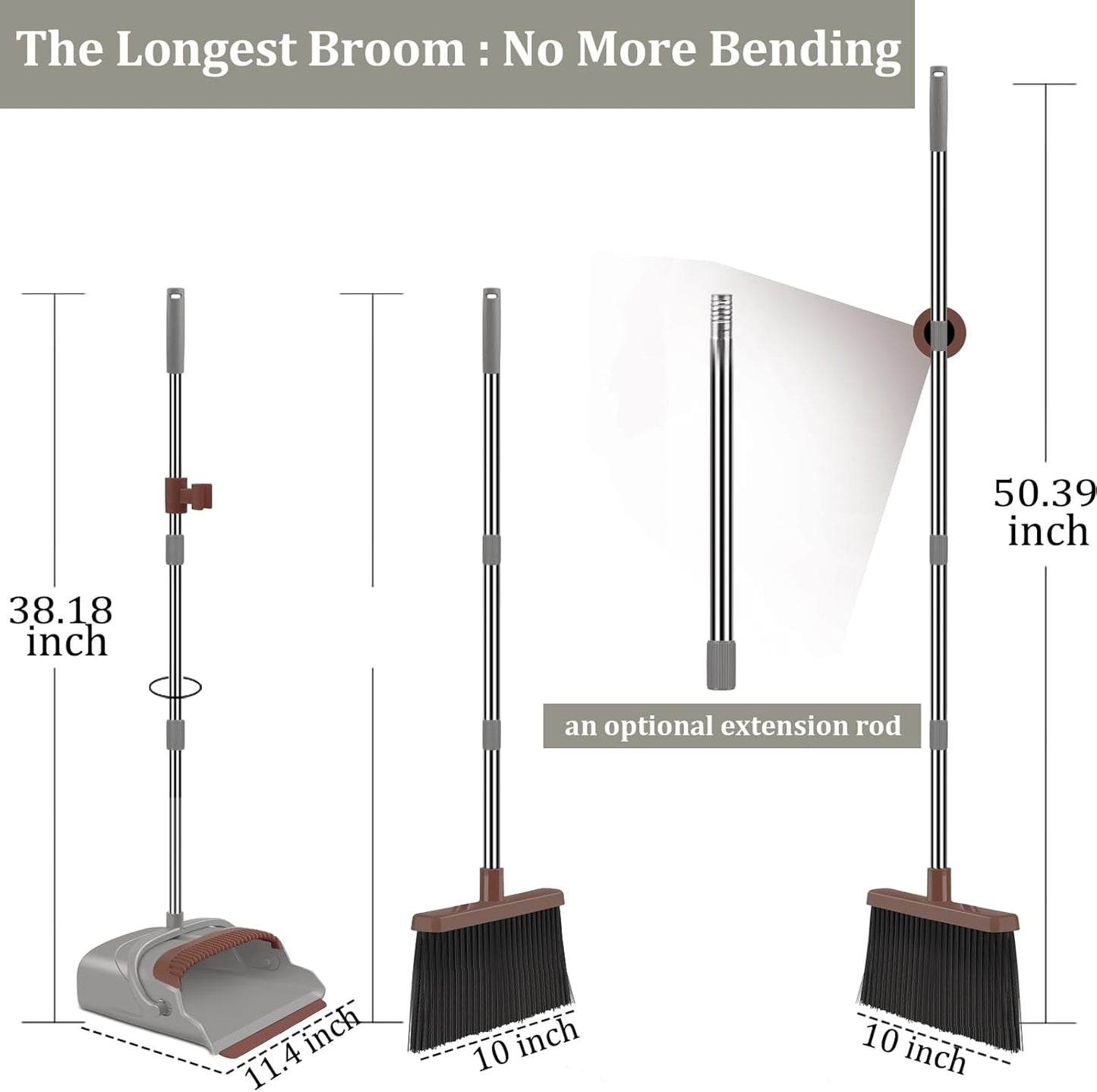 Upgrade Broom and Dustpan Set, Self-Cleaning with Dustpan Teeth, Indoor&Outdoor Sweeping, Ideal for Dog Cat Pets Home Use, Stand Up Broom and Dustpan (Gray&Orange)