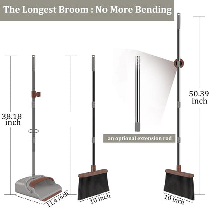 Upgrade Broom and Dustpan Set, Self-Cleaning with Dustpan Teeth, Indoor&Outdoor Sweeping, Ideal for Dog Cat Pets Home Use, Stand Up Broom and Dustpan (Gray&Orange)