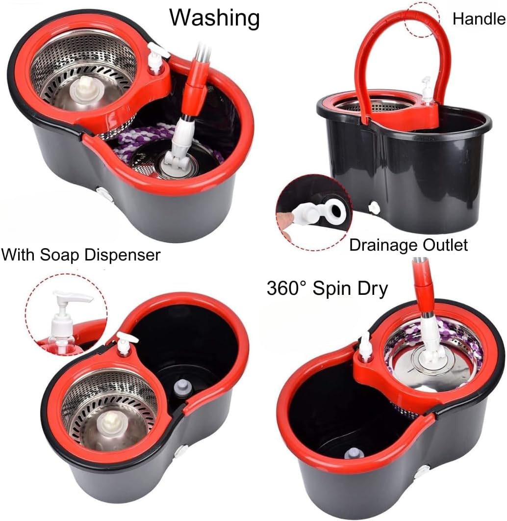 Spin Mop and Bucket with Wringer Set, 360° Rotating Mop System for Hardwood, Tile, Laminate Floors, Adjustable Stainless Steel Handle with 3 Machine Washable Mop Heads (Black)