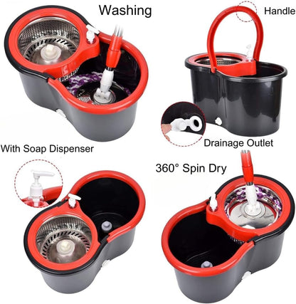 Spin Mop and Bucket with Wringer Set, 360° Rotating Mop System for Hardwood, Tile, Laminate Floors, Adjustable Stainless Steel Handle with 3 Machine Washable Mop Heads (Black)