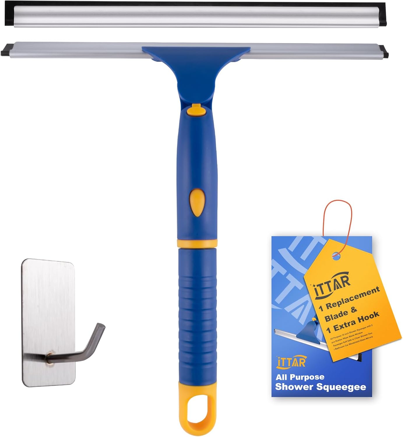 ITTAR 14 inch Multi-Purpose Shower Squeegee for Glass Doors, Swivel Window Squeegee with 1 Refill Rubber Blade, Extendable Bathroom Cleaner Tool for Shower Door Window Mirror Wall Car Windshield