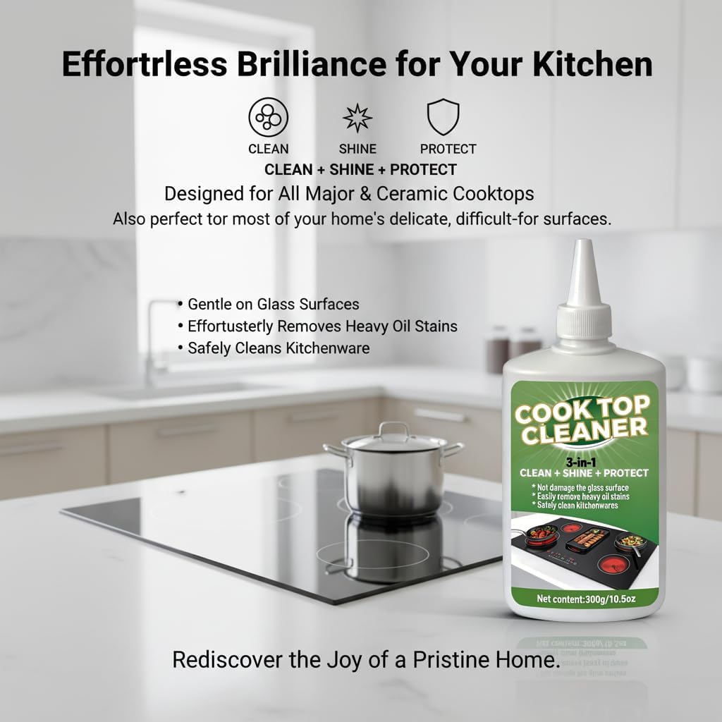 Glass Cooktop 3-in-1 Cleaner Kit, Removes Grease & Burnt-On Food, Safe for Gas, Induction, Electric Cooktops & Air Fryers, Stove Top Polish and Shine, Multi-purpose Cleanser (300g) (1)
