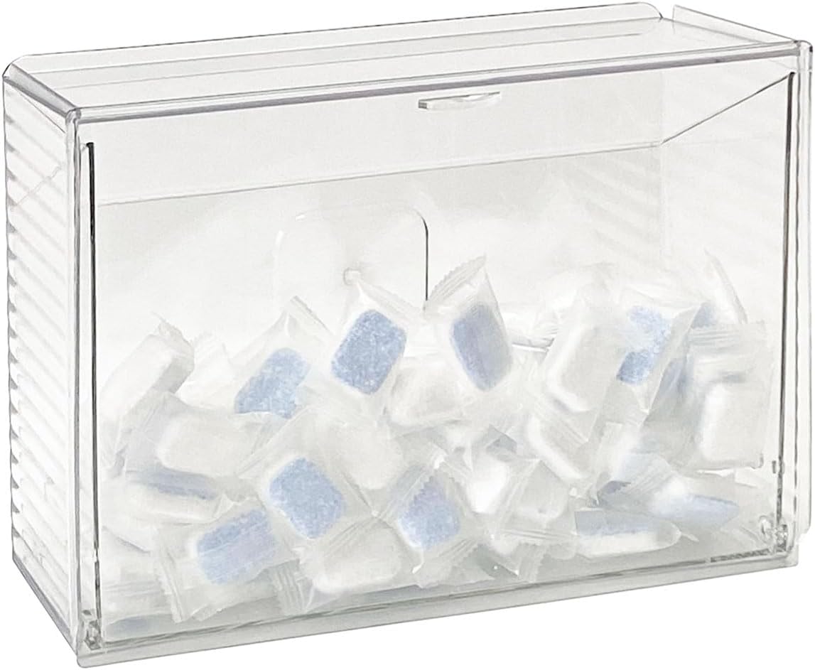 Clear Dishwasher Detergent Pod Holder for Kitchen Cabinet, Plastic Under Sink Storage and Organizer for Lid, Sponge, Coffee Pods, Large Laundry Pods Dispenser Box with Divider