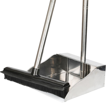 Rubber Broom and Dustpan Set,Pet Hair Removal Rubber Broom with Squeegee and Stainless Steel Dust Pan,Carpet Rake Push Broom and Dustpan for Fluff Hardwood Floor Tile (Green)