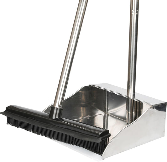 Rubber Broom and Dustpan Set,Pet Hair Removal Rubber Broom with Squeegee and Stainless Steel Dust Pan,Carpet Rake Push Broom and Dustpan for Fluff Hardwood Floor Tile (Green)