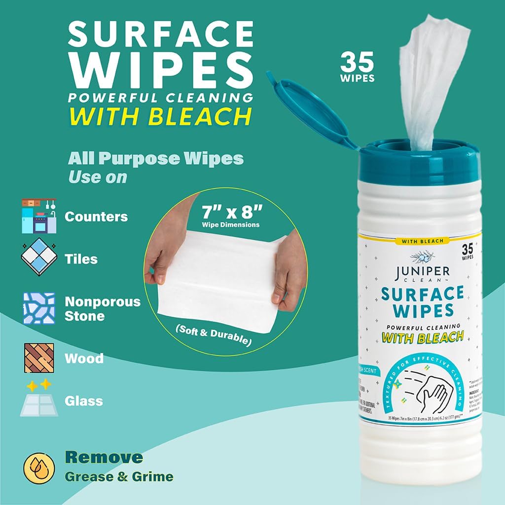 Juniper CLEAN 3 Pack Surface Cleaning Wipes with Bleach, All-Purpose Cleaner for Bathroom, Kitchen, Office, 216 Count Soft Flow, Fresh Scent, Lint Free & Durable