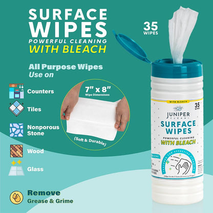 Juniper CLEAN 3 Pack Surface Cleaning Wipes with Bleach, All-Purpose Cleaner for Bathroom, Kitchen, Office, 216 Count Soft Flow, Fresh Scent, Lint Free & Durable