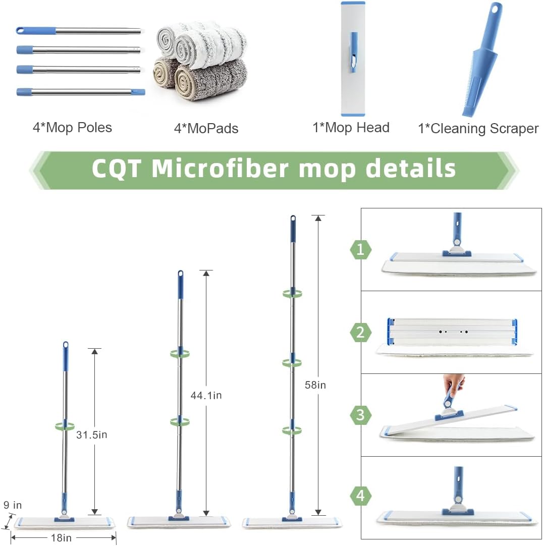 CQT Commercial Flat Microfiber Floor Mop Cleaning System 18" Inch Wet Dry and Dust Hardwood with 4 Washable Pads Cleaner for Laminate Tile Stainless Steel Handle and Extension (PT12-WET)