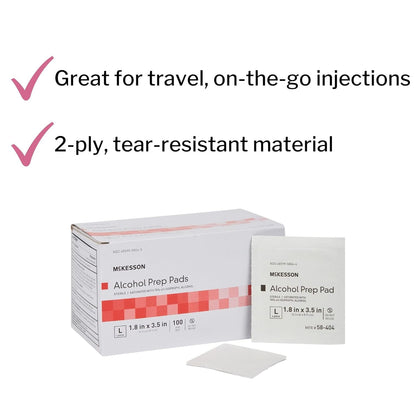 McKesson Alcohol Prep Pads [Pack of 100] 70% Isopropyl, Individually Wrapped Wipes, Sterile, Medical-Grade, First Aid, Large