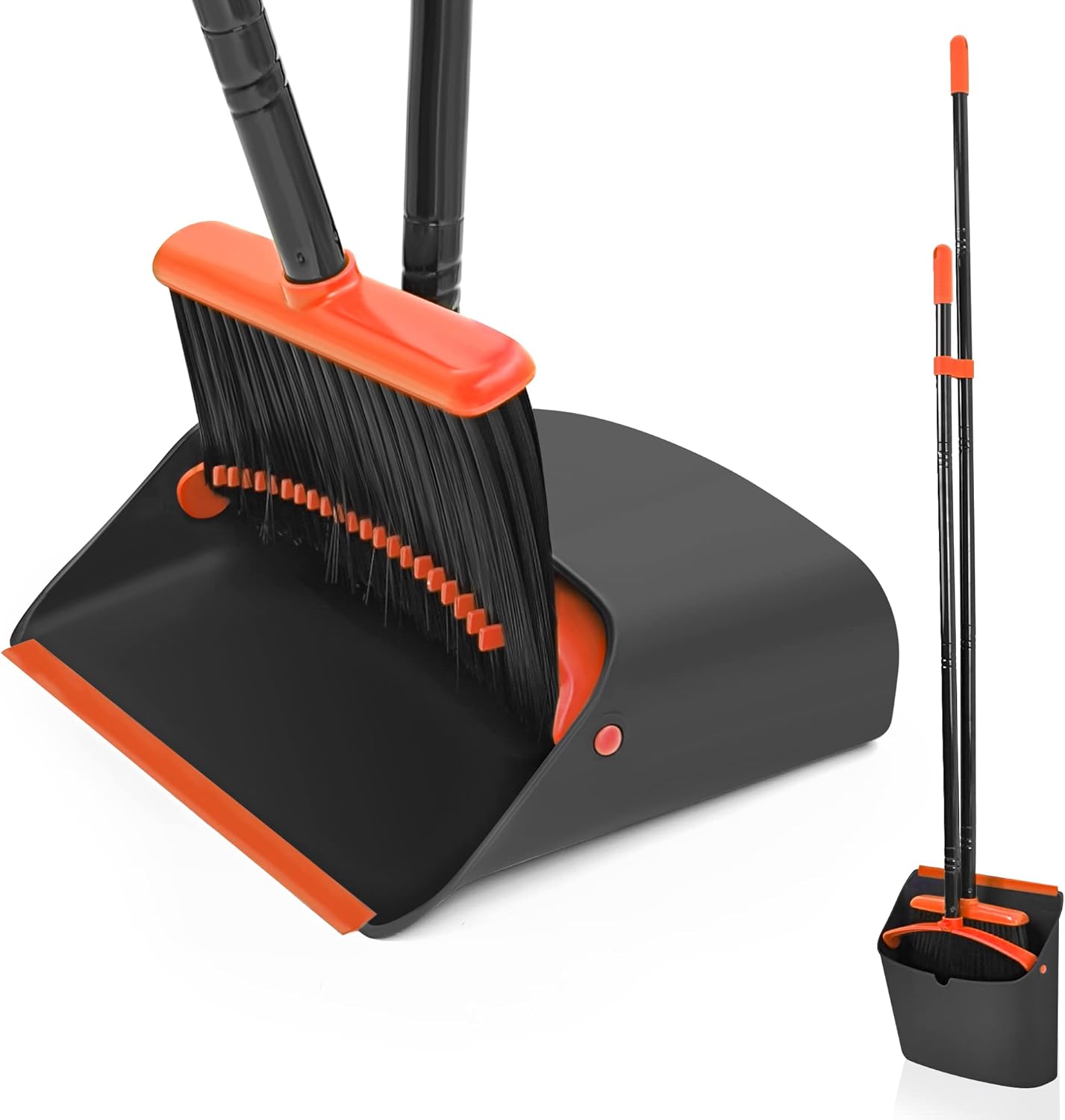 JEHONN Broom with Dustpan Combo Set, Long Handle Lightweight Indoor Broom Set, Upright Standing Dust Pan with Comb Teeth Store Sweep Set for Home Room Kitchen Office Lobby (Rose Red)