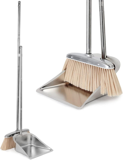 VOOWO Heavy Duty Broom and Dust pan Set, Stainless Steel Broom and Dustpan Set with Long Handle, Broom with Dustpan Set for Home Standing Dust Pan Indoor Outdoor Brooms Dustpan