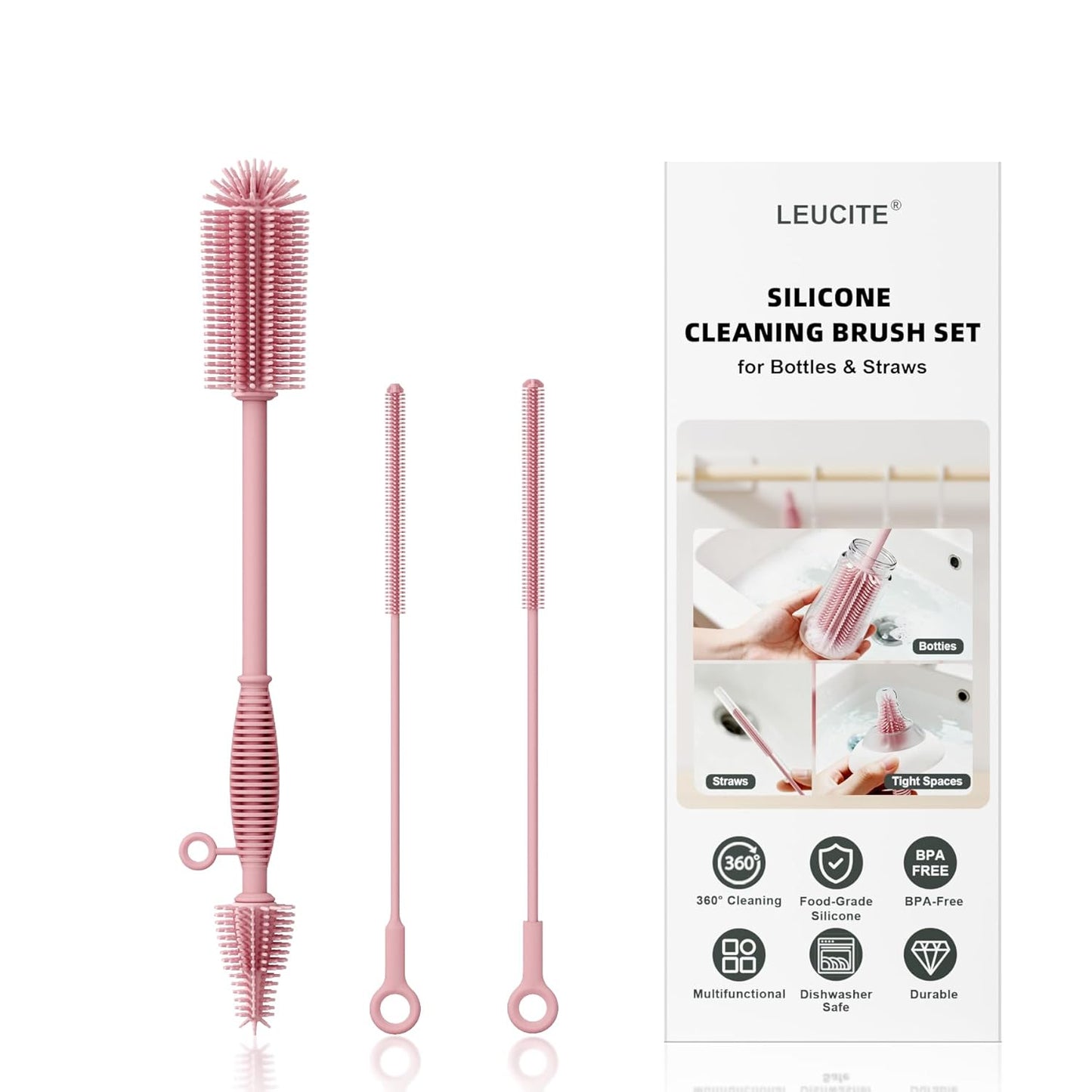 Reusable Silicone Straw Cleaner Brush Set, 2-Pack Extra Long Straw Cleaning Brush for Metal Glass Water Bottle Drinking Straws, Flexible&Bendable Design, Dishwasher Safe, 6mm & 8mm Diameter