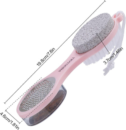 Foot File Callus Remover 5-in-1, 2 Pcs Feet Scraper Pedicure Tools with Pumice Stone, Scrubber Brush, Stainless Steel Foot Rasp and Sand Paper Debris Catcher, Multi Purpose, Cyan