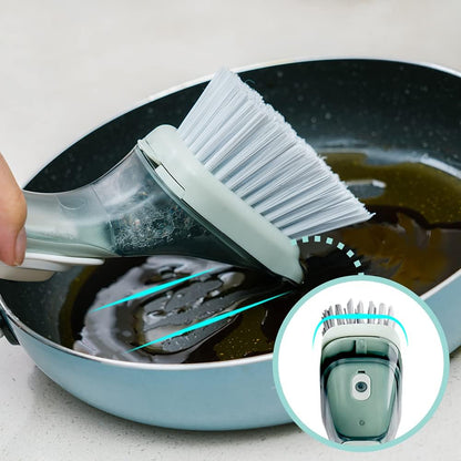 CQT Soap Dispensing Dish Brush Storage Set, Dish Scrubber with Handle, Kitchen Washing Brush for Pot Pan Sink Cleaning, Kitchen Brush with Holder and 1 Replaced Scouring Pad Head