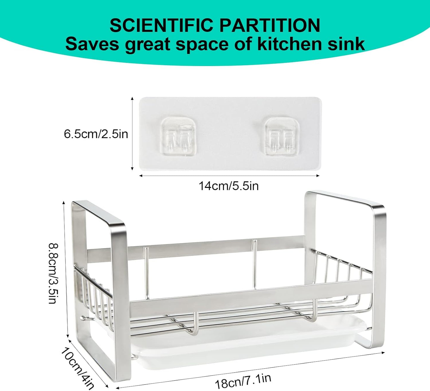 TEZZ Sponge Holder for Kitchen Sink- Stainless Steel Kitchen Sink Caddy for Organizing Sponge, Brush & Soap Dish Dispenser, coutertop Organizer Rack with Adhesive or Counter top, Black