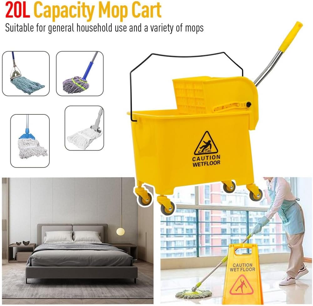 Mop Bucket with Side Press Wringer on Wheels, 20 Quart Side Press Wringer Combo Mop and Bucket with Wringer Set, Commercial Mop Bucket on Wheels for Home Business Cleaning (Yellow)