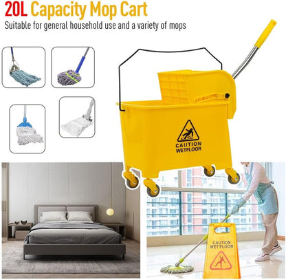 Mop Bucket with Side Press Wringer on Wheels, 20 Quart Side Press Wringer Combo Mop and Bucket with Wringer Set, Commercial Mop Bucket on Wheels for Home Business Cleaning (Yellow)