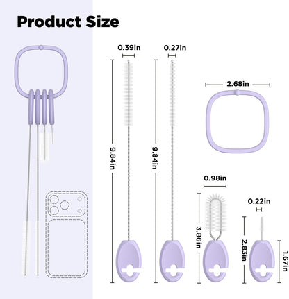 Straw Cleaner Brush Set for 𝗦𝘁𝗮𝗻𝗹𝗲𝘆, Baby Bottles and Sippy Cups,4 in 1 Standing & Hanging Cleaning Set with Holder Ring – Reusable Cleaner for Cup Lids, Spouts and More.(Purple)