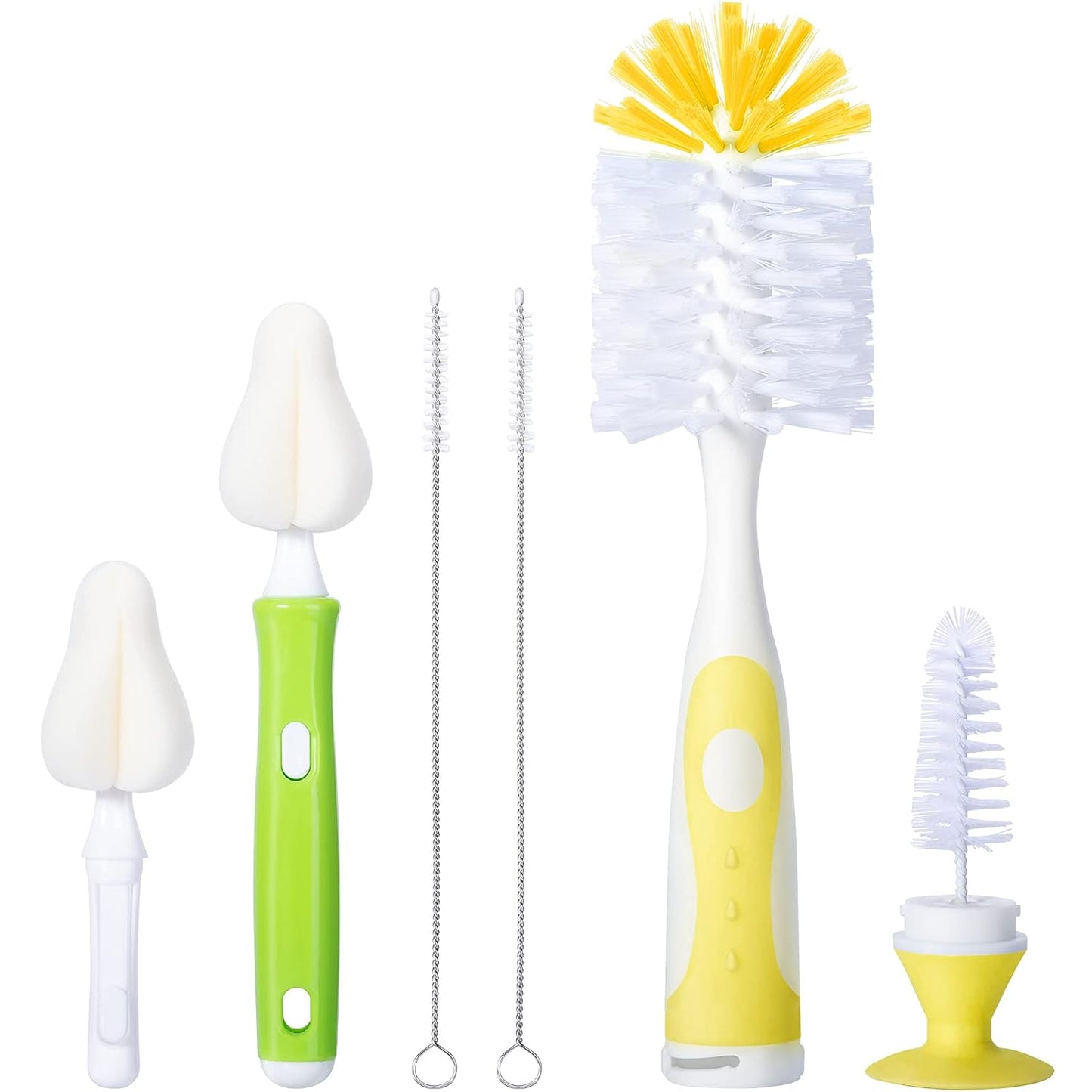 CAREBABYMORE Baby Bottle Brush with One Base Hidden Nylon Nipple Cleaner, 2 Pcs Sponge Nipple Brushes, 2 Pcs Straw Brushes, Bottle Brush with Nipple Cleaner and Suction Cup (Green)