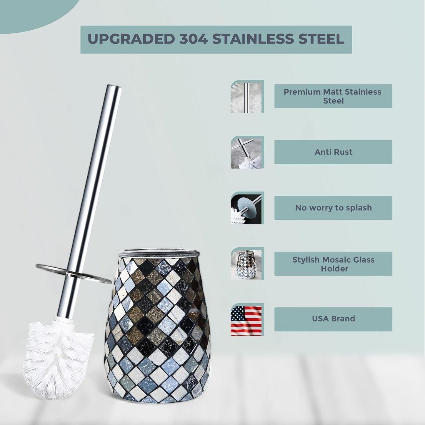 Escenzy Turquoise Green Toilet Brush and Holder Set Mosaic Glass | Non-Rustic Stainless Steel | Practical & Decorative Toilet Bowl Brush and Holder | Luxury Green Bathroom Accessories