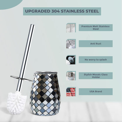 Escenzy Turquoise Green Toilet Brush and Holder Set Mosaic Glass | Non-Rustic Stainless Steel | Practical & Decorative Toilet Bowl Brush and Holder | Luxury Green Bathroom Accessories