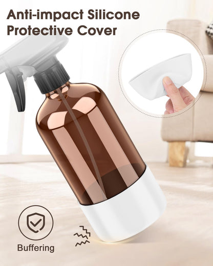 Bontip Glass Spray Bottle with Silicone Sleeve Protection, Amber Glass Spray Bottle Set for Window Cleaner Aromatherapy Facial Hydration Watering Flowers Hair Care 2 Pack/16 oz (Black & Brown)