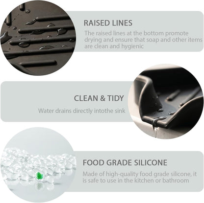 MicoYang Silicone Bathroom Soap Dishes with Drain Spout-Bathroom and Kitchen Sink Organizer,Sponge Holder,Dish Soap Tray,Perfect for Dispenser,Scrubber,Bottle,Cup on Sink or Counter-Black 4.9"×3.2"