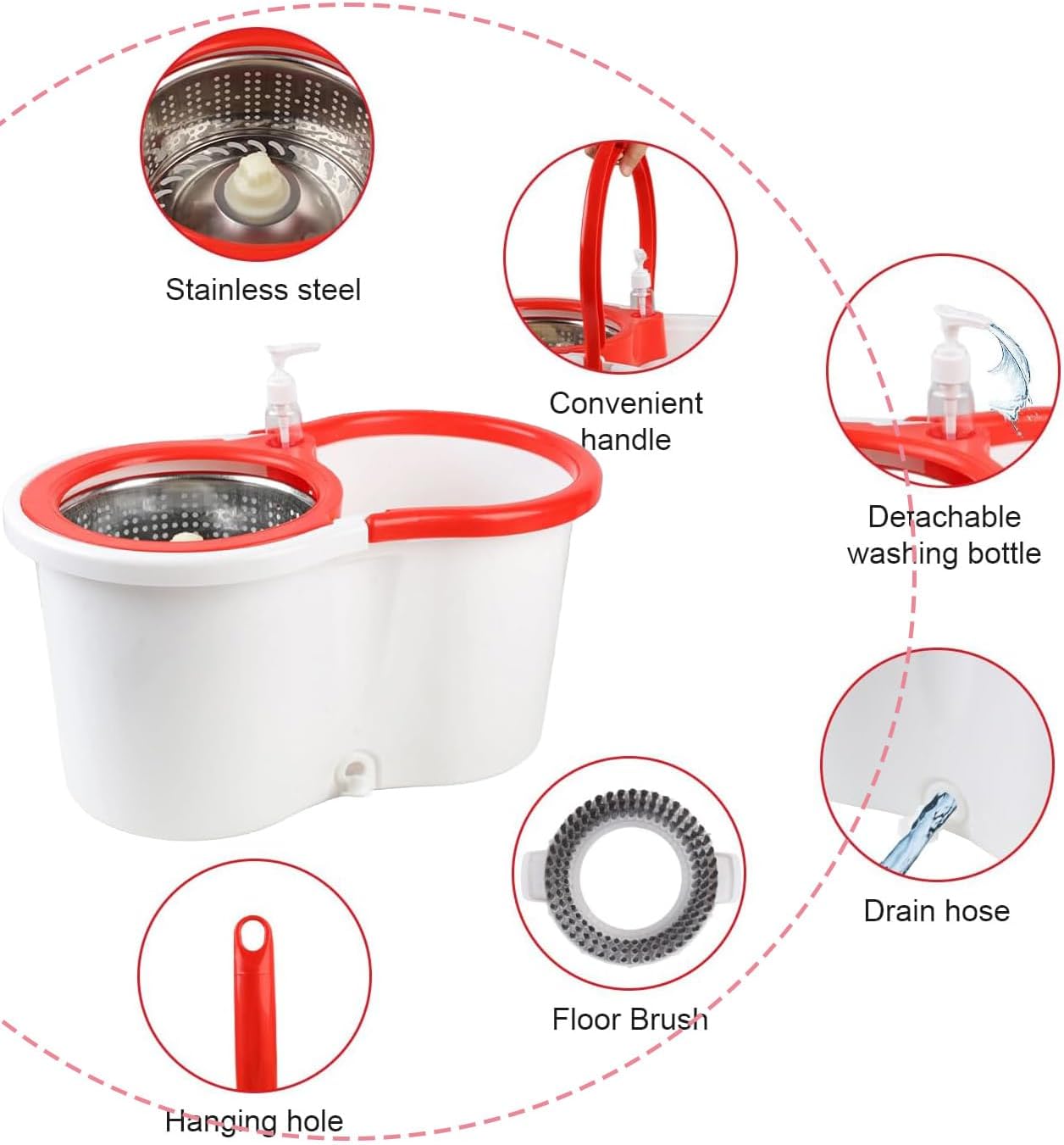 Spin Mop and Bucket with Wringer Set,for Floor Cleaning,with Floor Scrub Brush,61" Adjustable Handle and 6 Microfiber Mop Head(White)