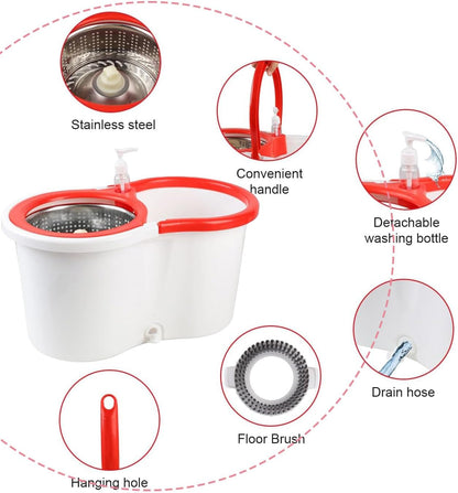 Spin Mop and Bucket with Wringer Set,for Floor Cleaning,with Floor Scrub Brush,61" Adjustable Handle and 6 Microfiber Mop Head(White)