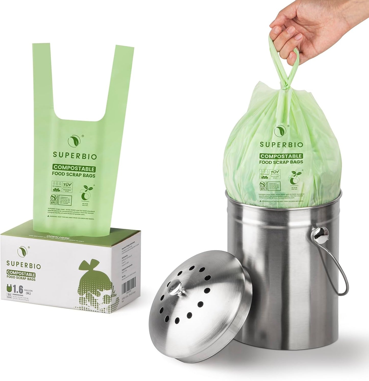 SUPERBIO 13 Gallon Compostable Kitchen Waste Bags with Handles, Food Scrap Bags Certified by BPI, OK compost INDUSTRIAL, 30 Count, 49.2L