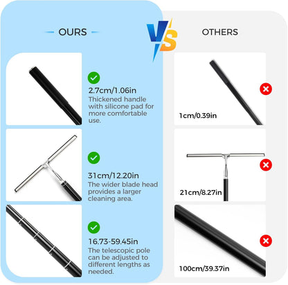 16.7“- 59.5" Long Handle Window Squeegee with Extension Pole, 12.4" Wide Metal Shower Squeegee for Glass Doors, 2-in-1 Squeegee for Home Window Cleaning, Tile Wall, Car (Silver)