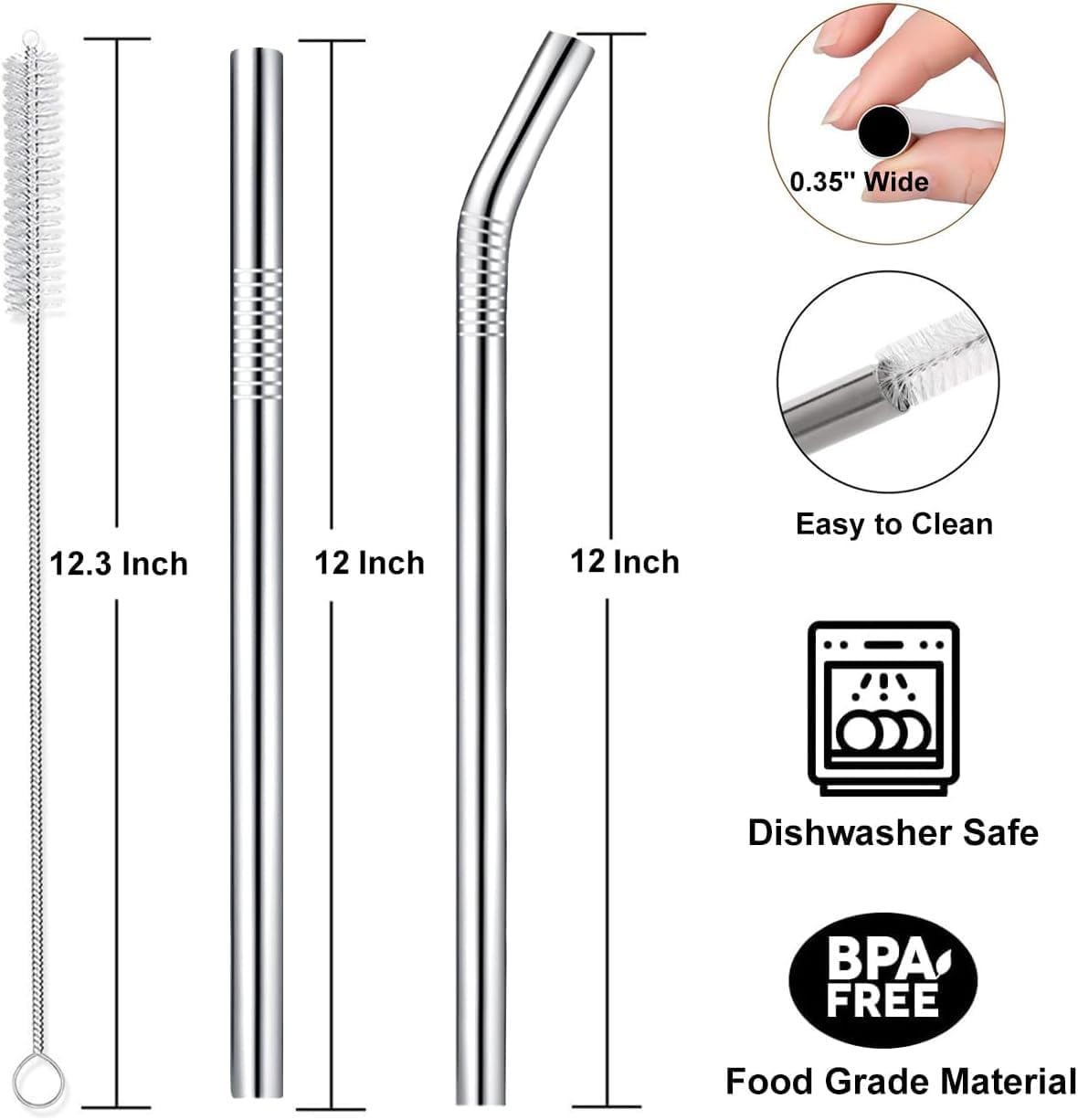 Vinaco Stainless Steel Smoothie Straws, 0.4'' Extra Wide Reusable Metal Drinking Straws for Milkshake, Smoothie, Beverage, Set of 4 with 1 Cleaning Brush