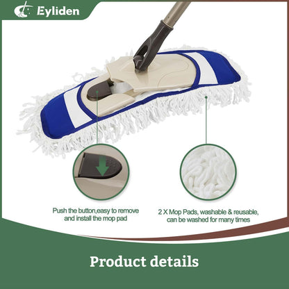 Eyliden Dust Mop with Reusable Washable Pads - One-Touch Pad Release, Height Adjustable Handle, Total 2 Mop Cloths, Wet Dry Mops for Floor Cleaning, Hardwood, Laminate, Tile Floor Push Dust Broom
